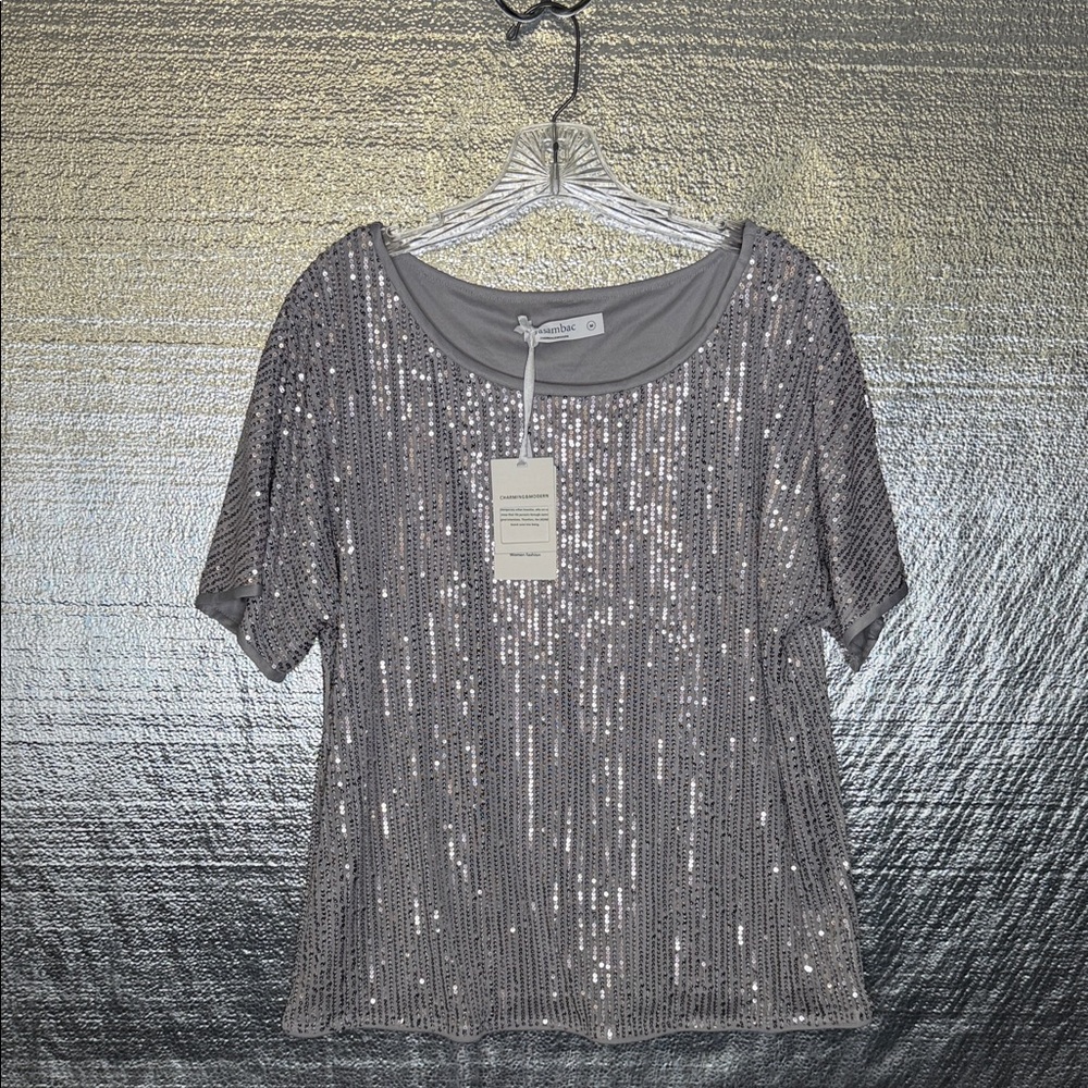 Elegant Silver Sequin Short Sleeve Top